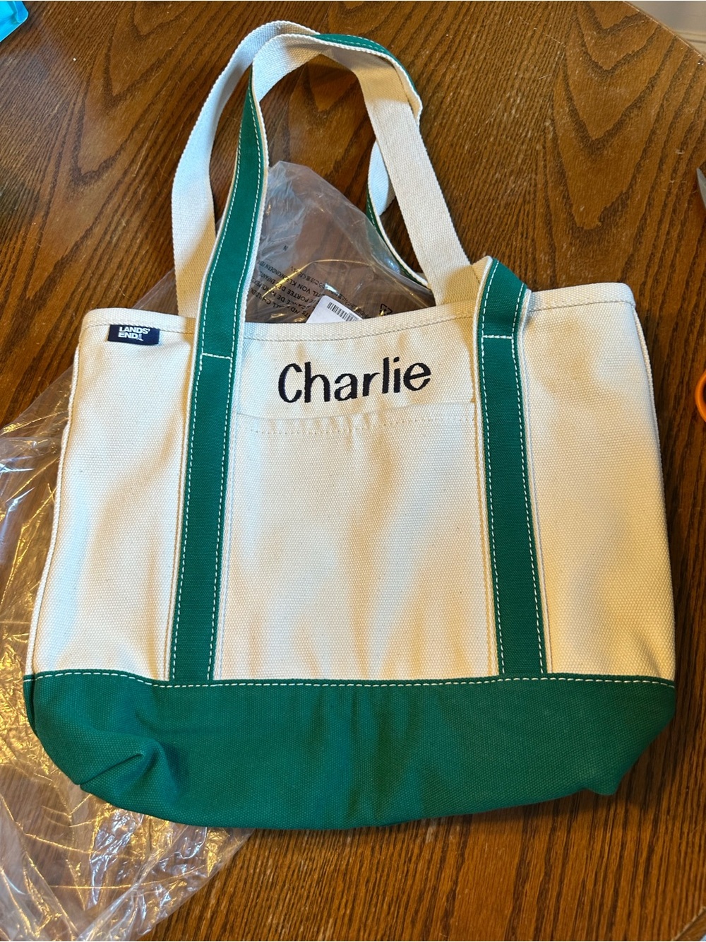 Lands' End Canvas Tote in Cream with Green Trim